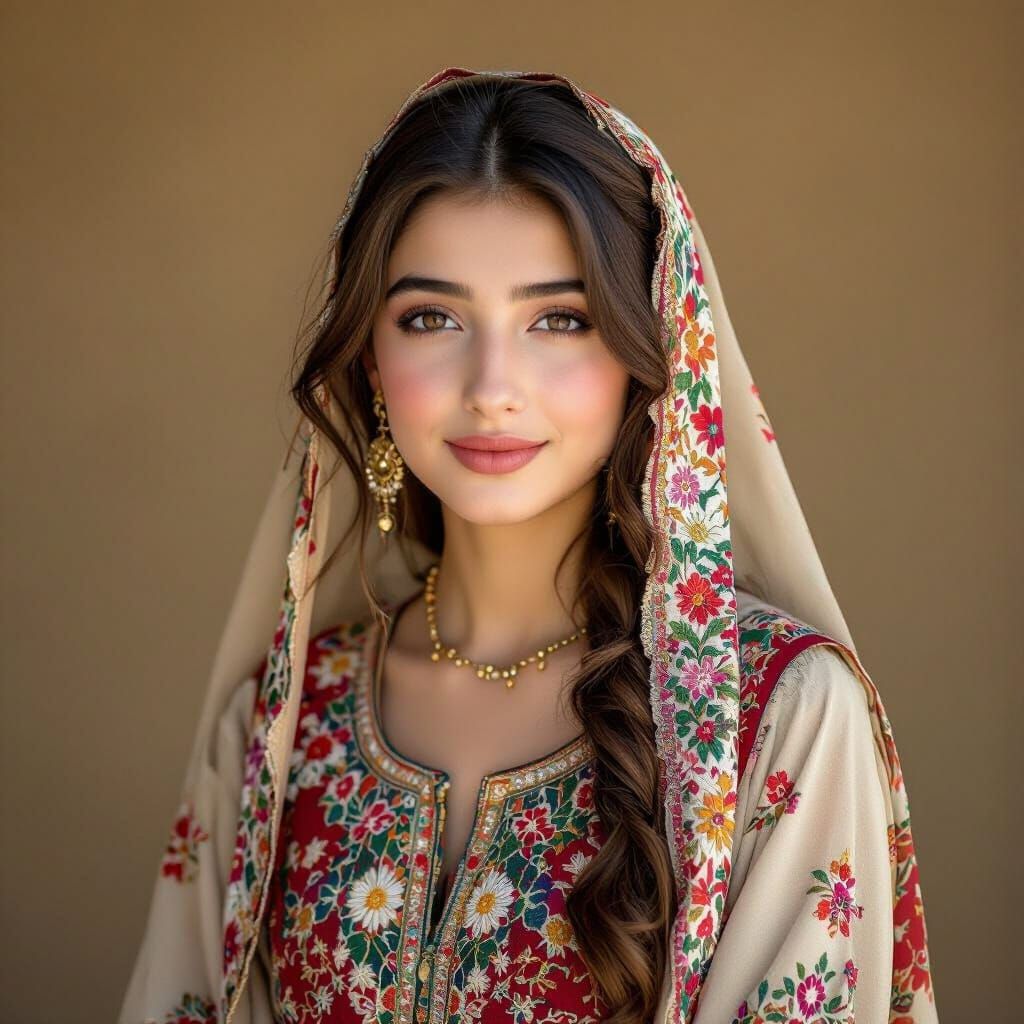 Pashtoon Girl in Traditional Dress with Subtle Smile