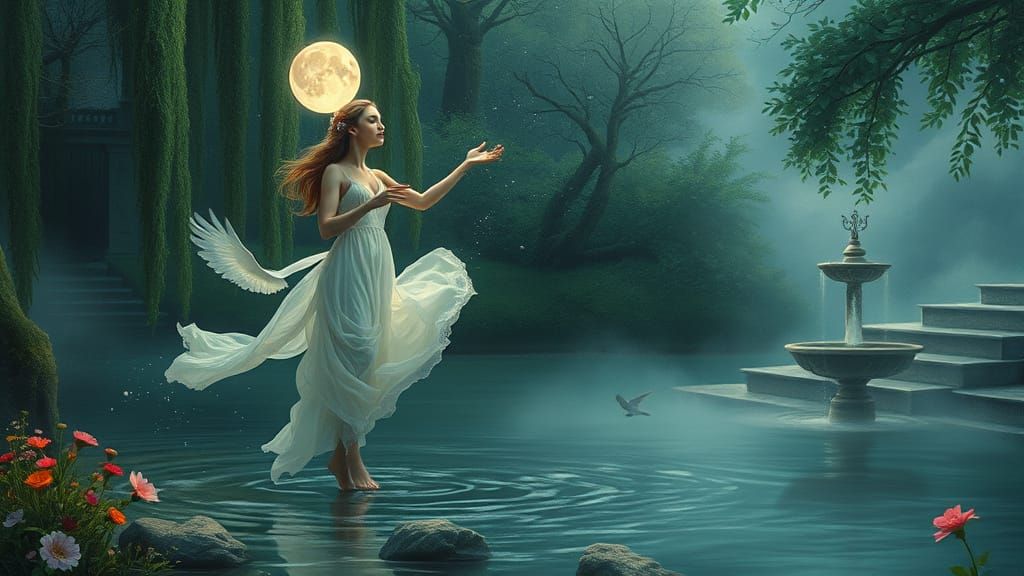Dreamy Moonchild in Whimsical River Landscape