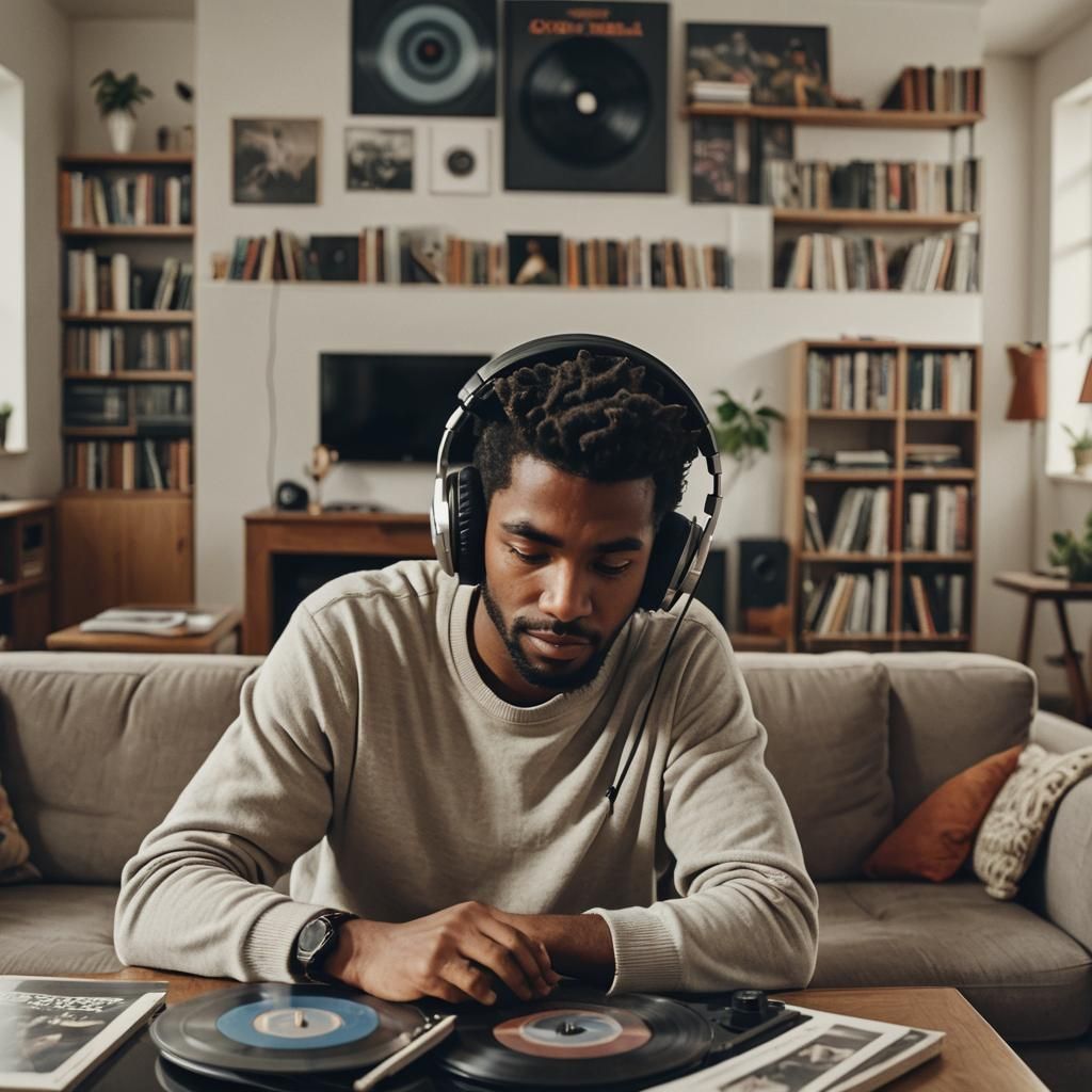 Man Listening to Vinyl Record Album