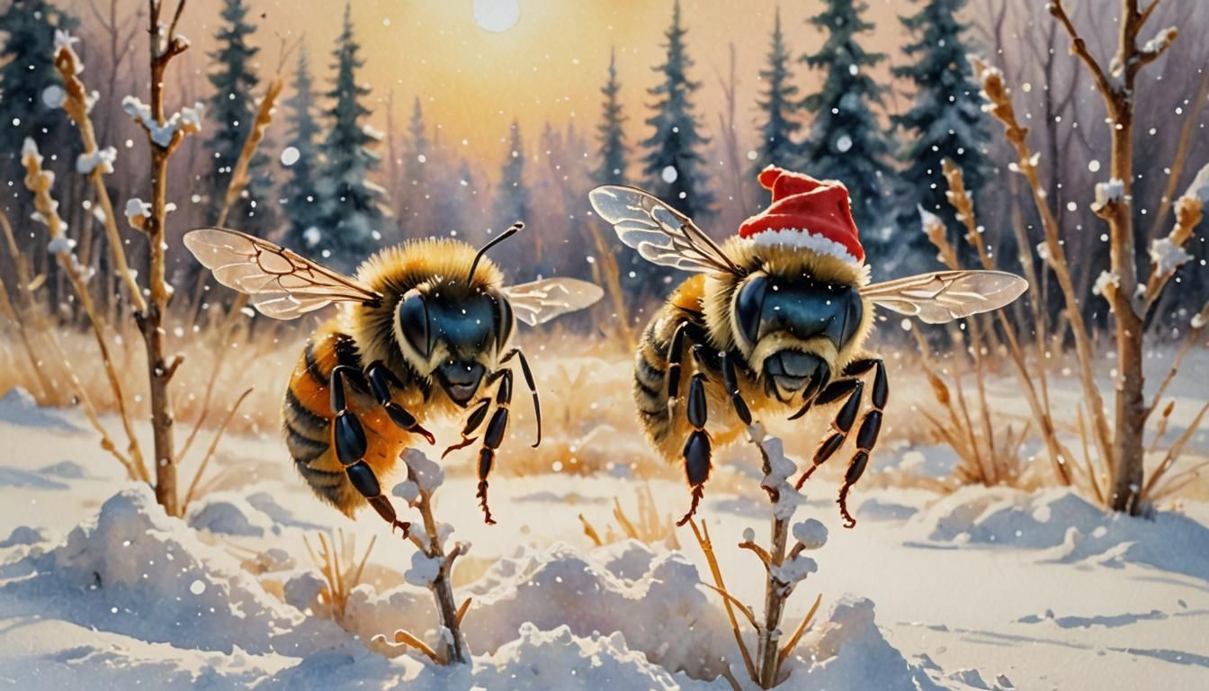 Bee in Santa Hat: Impressionist Watercolor Painting