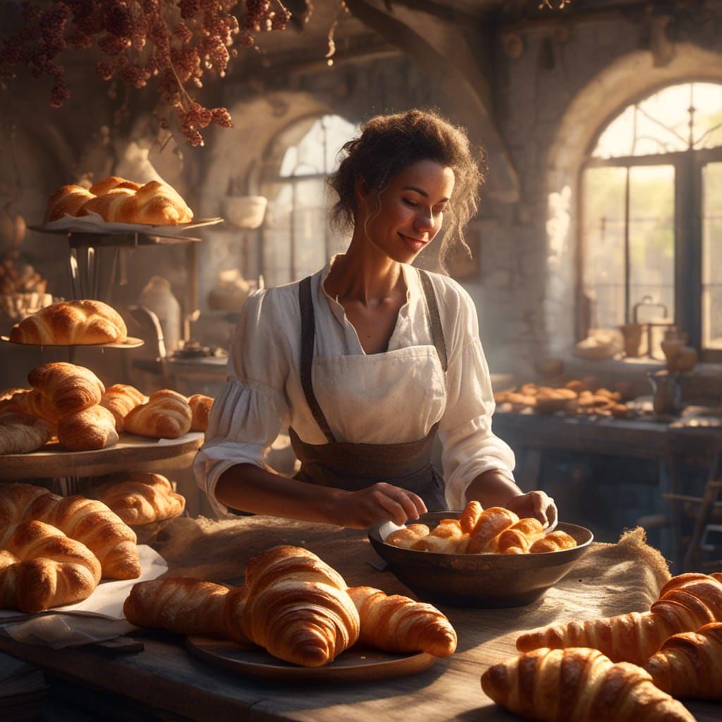 artisan baker in morning sunlight with croissants