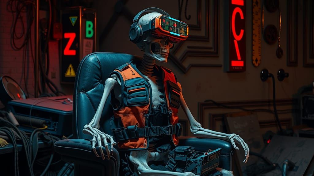 Cyberpunk Skeleton in VR Headset: Neon-Lit Art