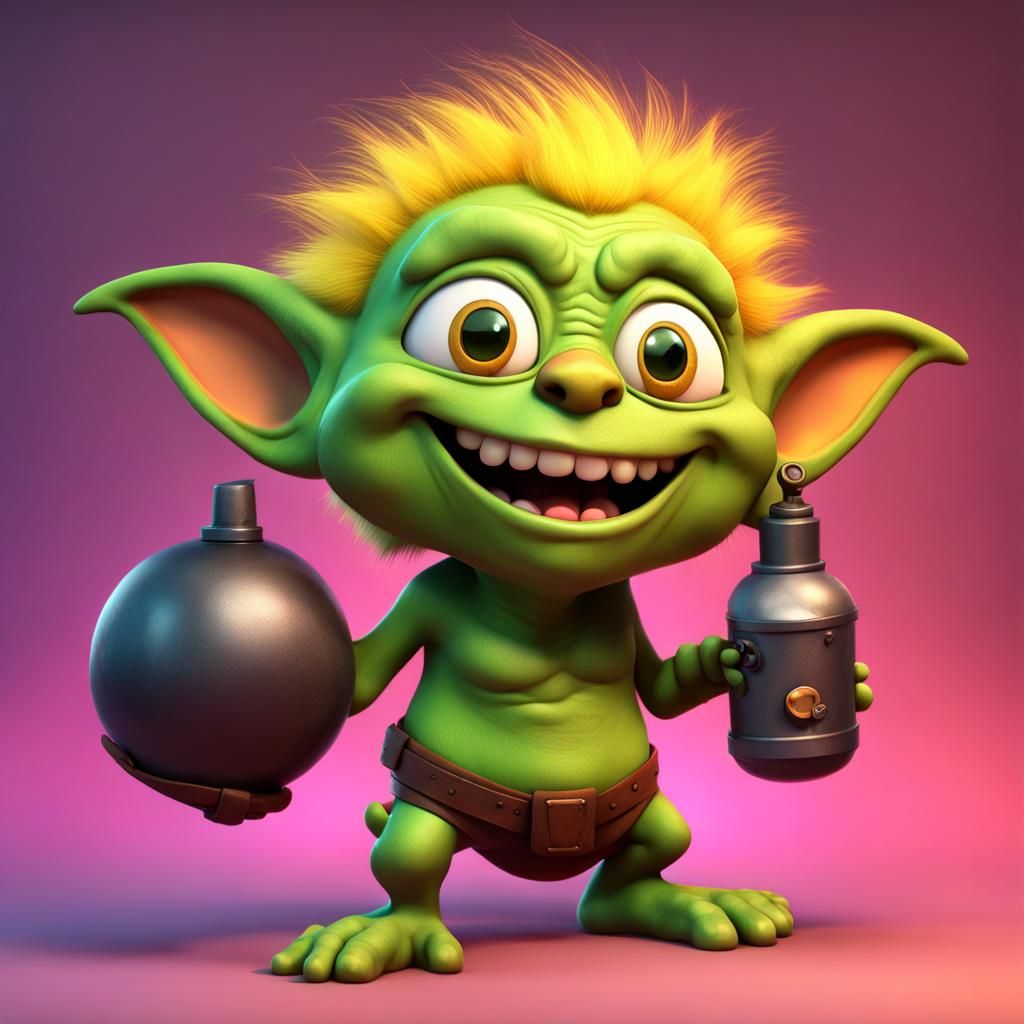 Cute Goblin Holding Bomb in Pixar Style