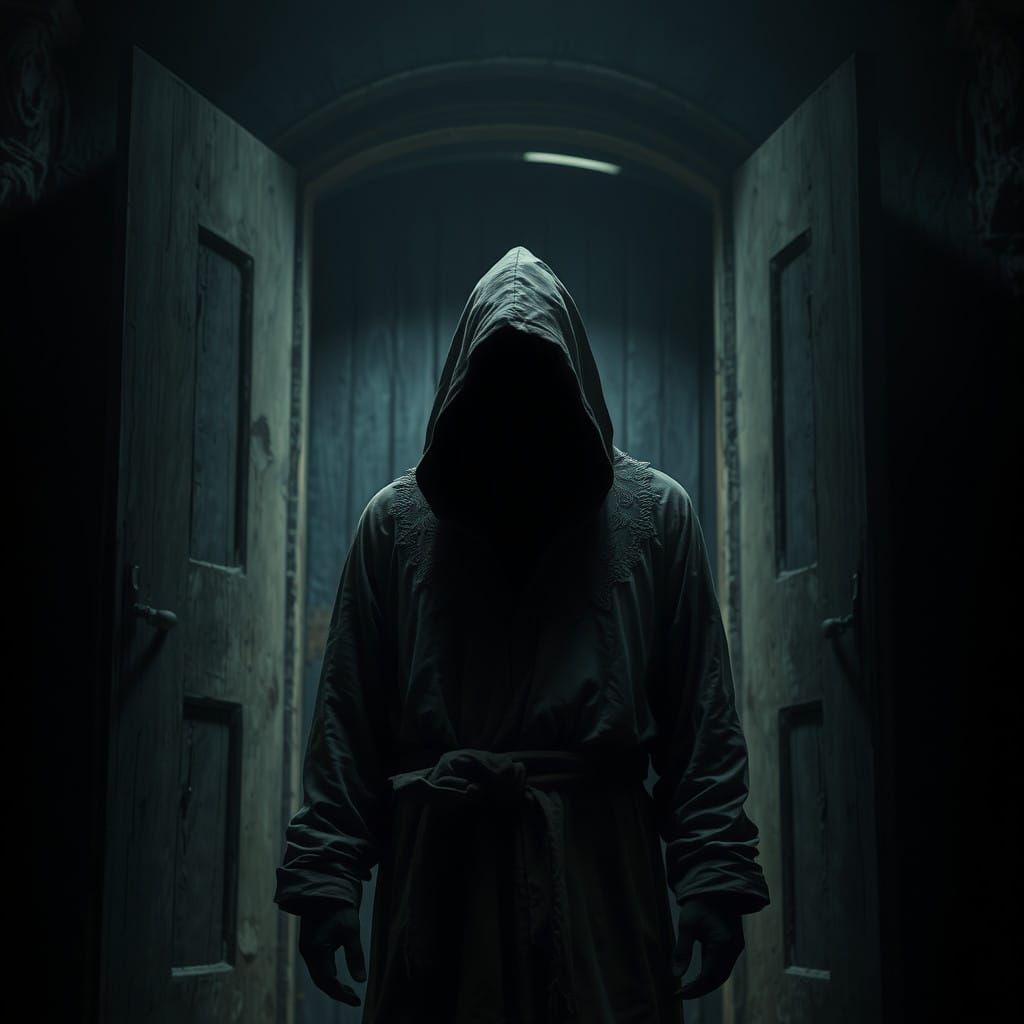Dark Figure Stands Before Ominous Doorway in Moonlit Shadows