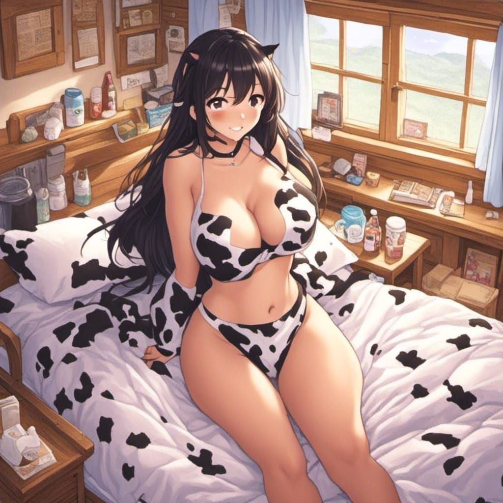 Woman in Cow Bikini Lounging in Bed
