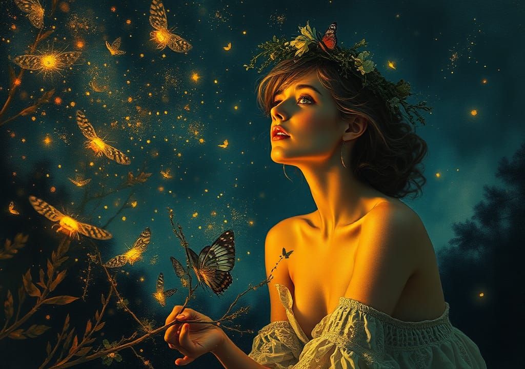 Ethereal Woman with Fireflies in Vintage Style