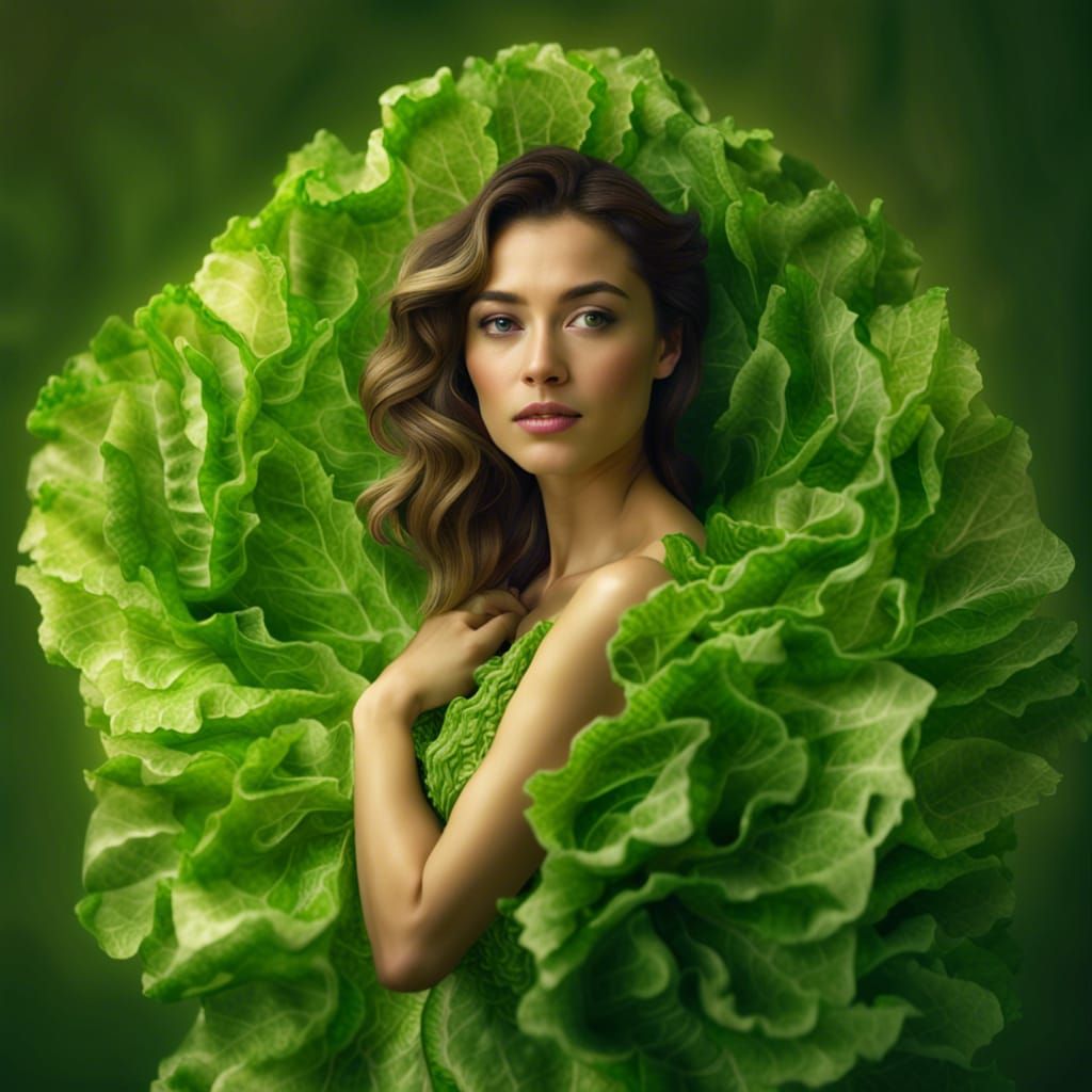 Woman in Lettuce Dress: Hyperdetailed Splash Art
