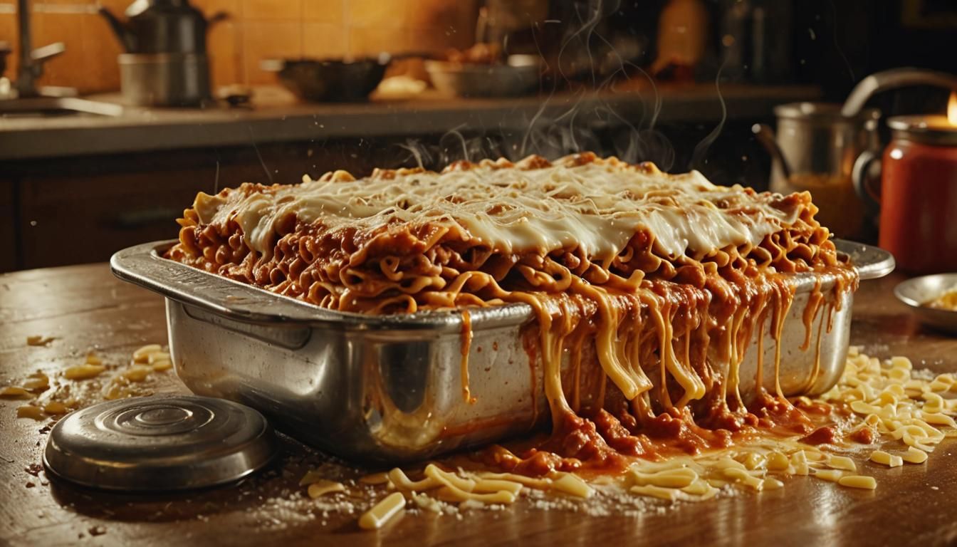 Steaming Lasagna Can Still Life: Hand-Painted Aesthetic