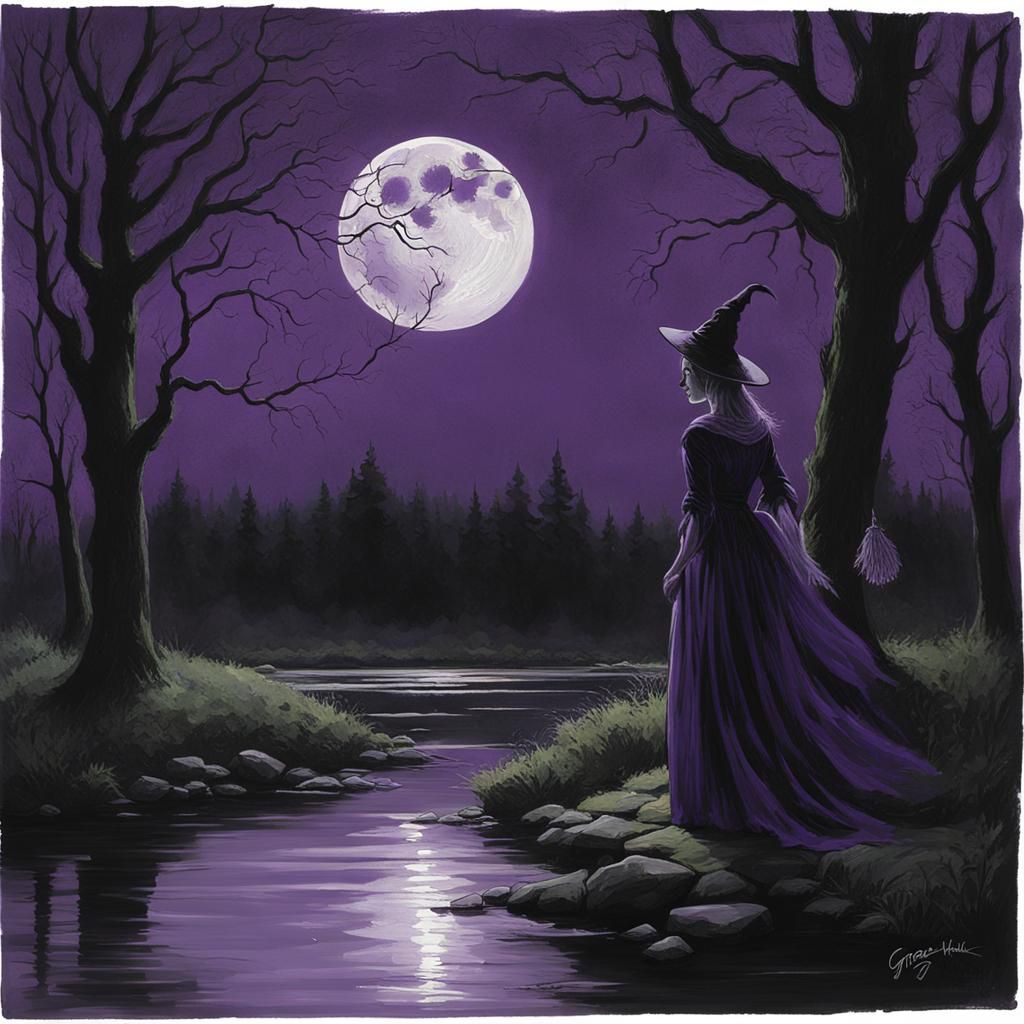 Sinister Greenskin Witch in Moonlit Landscape