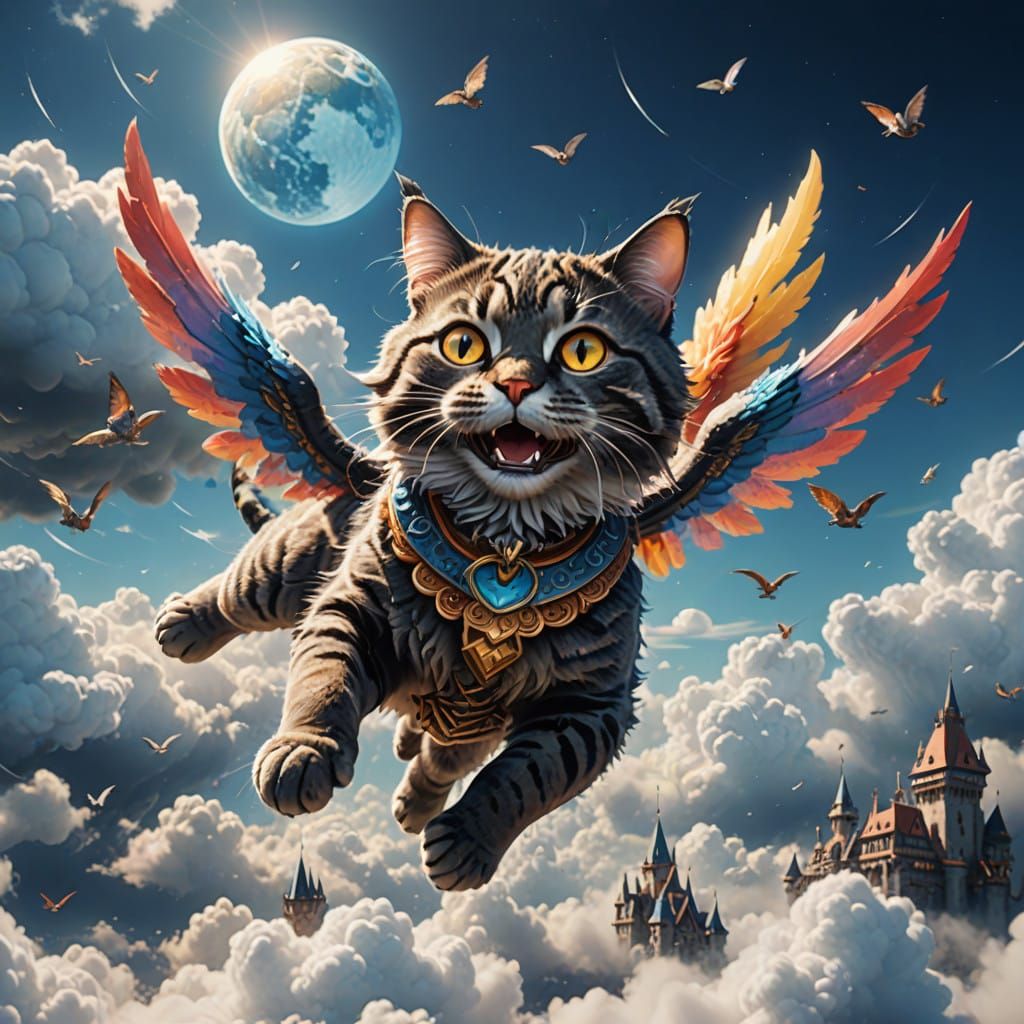 Whimsical Feline Soars in Vibrant Cloudscape