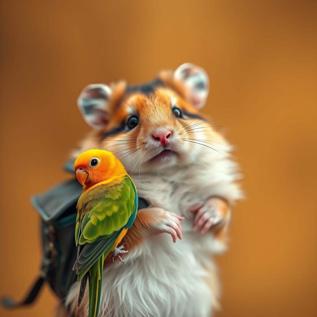 Hamster and Parrot Adventure in Natural Light