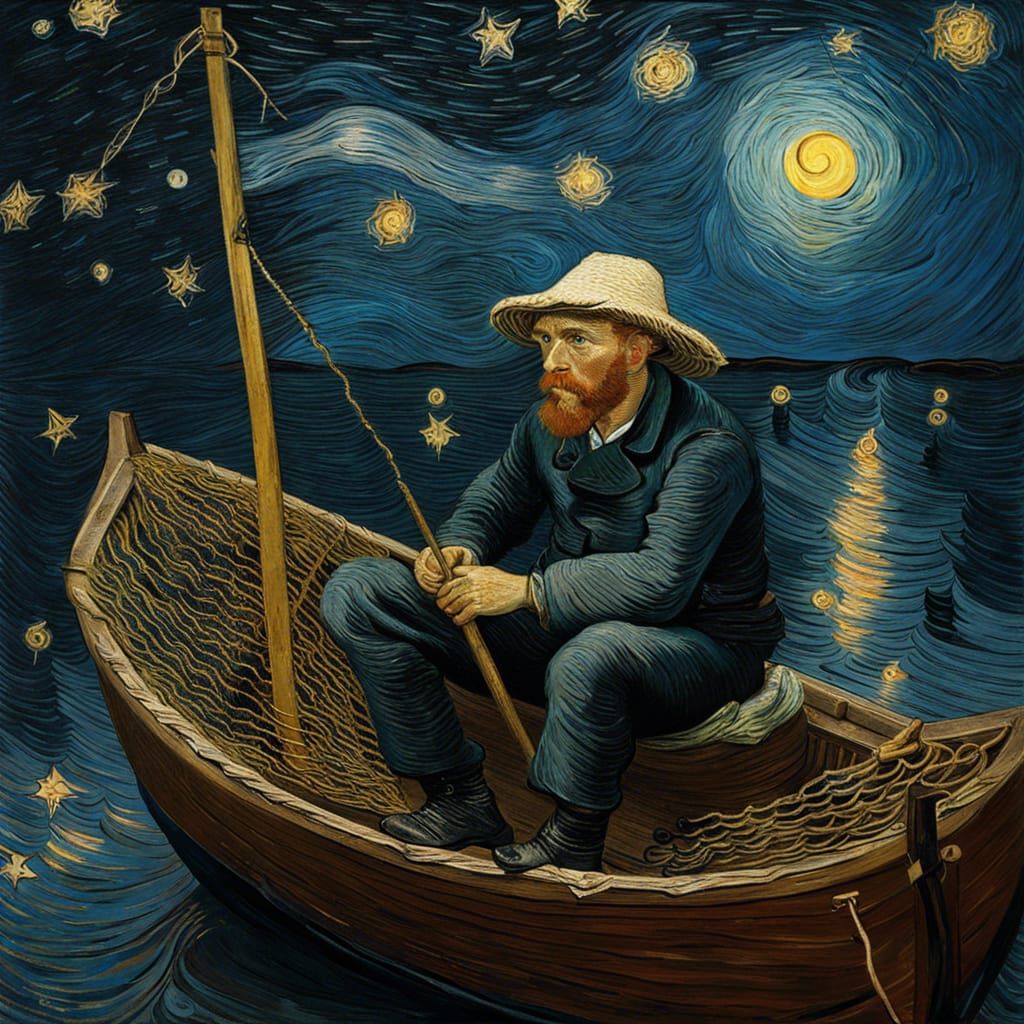 Fisherman Under Starry Sky in Post-Impressionist Style