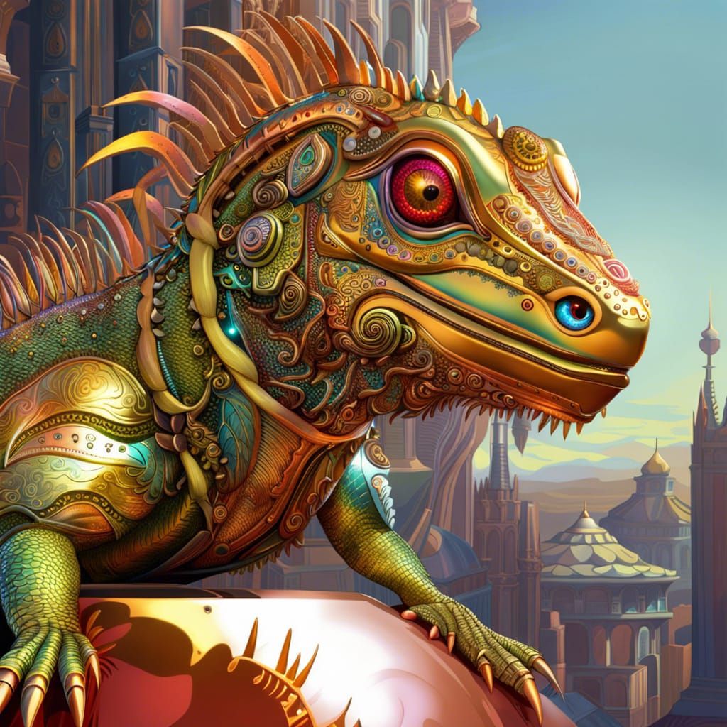 Metallic Robotic Iguana with LED Eyes
