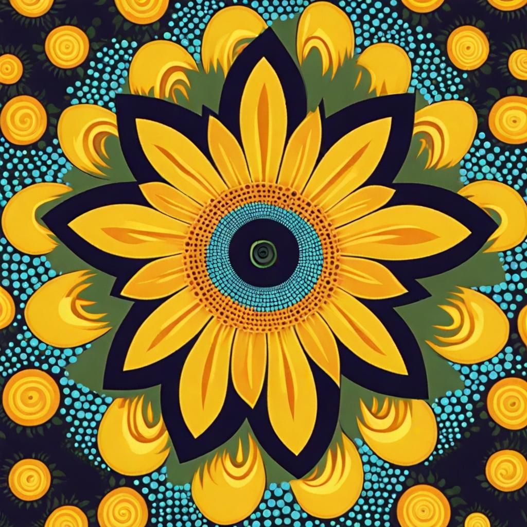 Psychedelic Spiral Pattern with Sunflower and Atomic Motifs