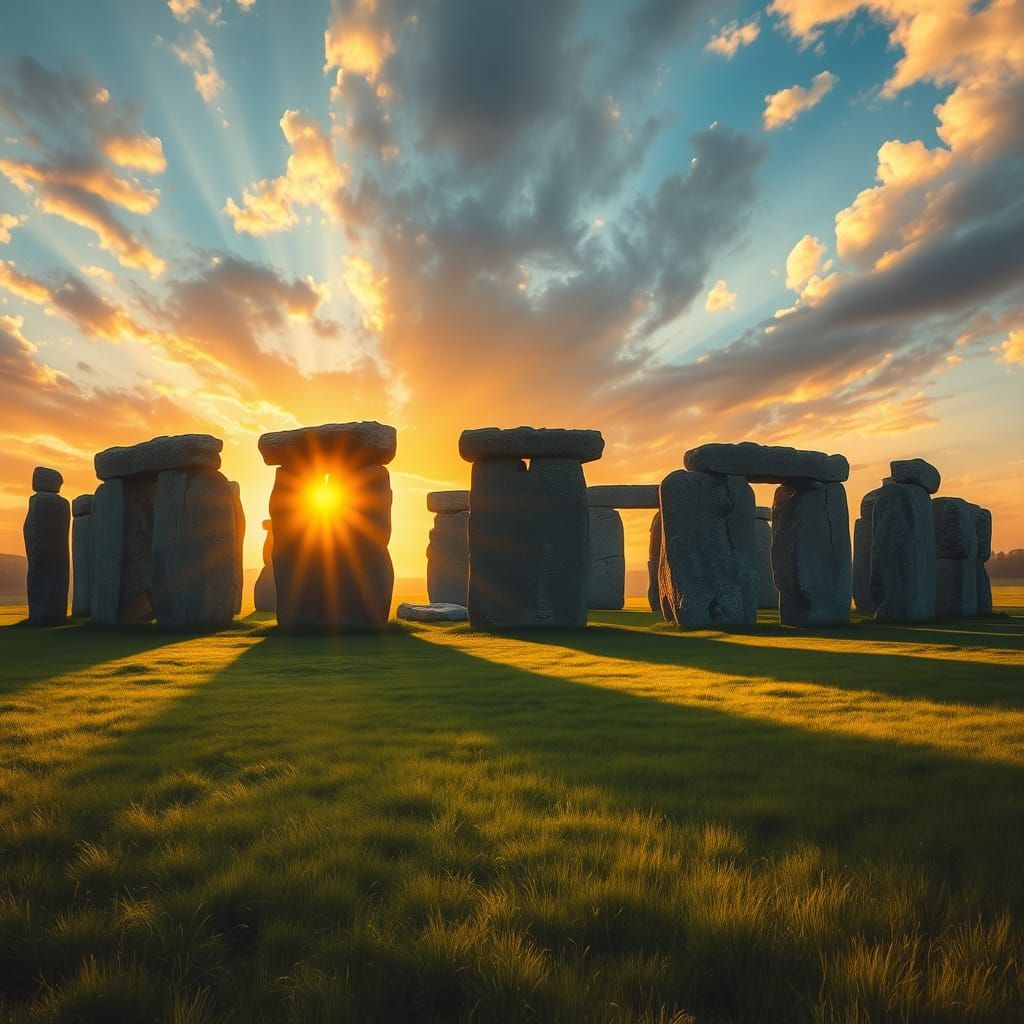 Ancient stone circle of Stonehenge at sunrise, golden sunlight shining through the vertical stones, casting long shadows...