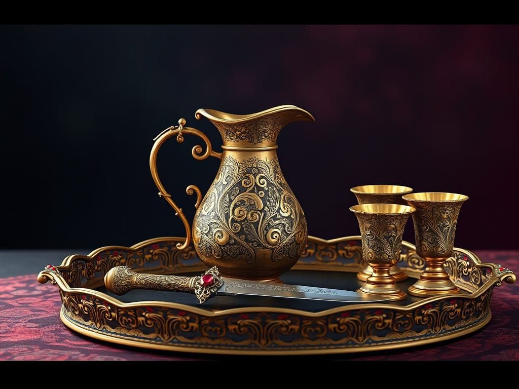 Luxurious Antique Tray with Gold Filigree and Precious Stone...