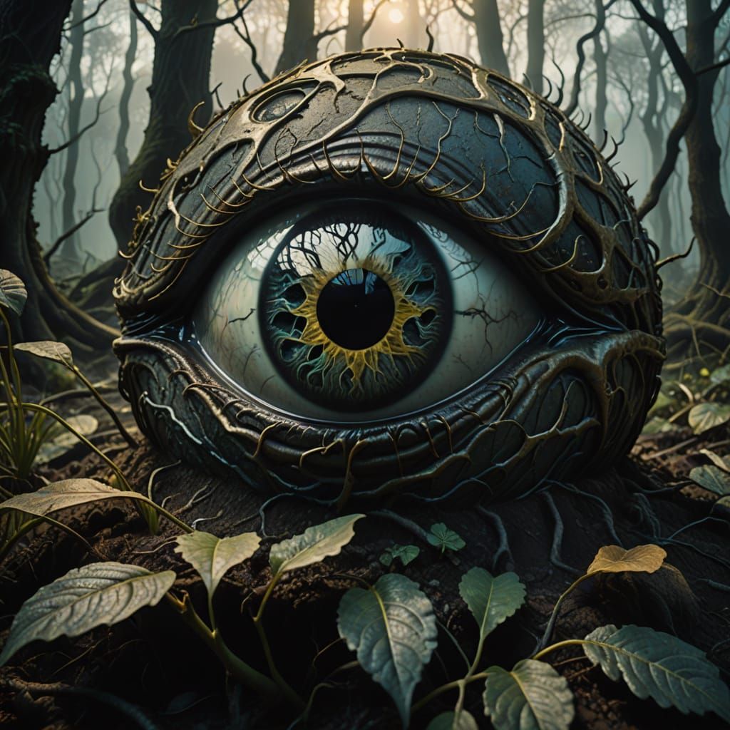 Surreal, Macro Eyeball in Dreamlike Forest Landscape