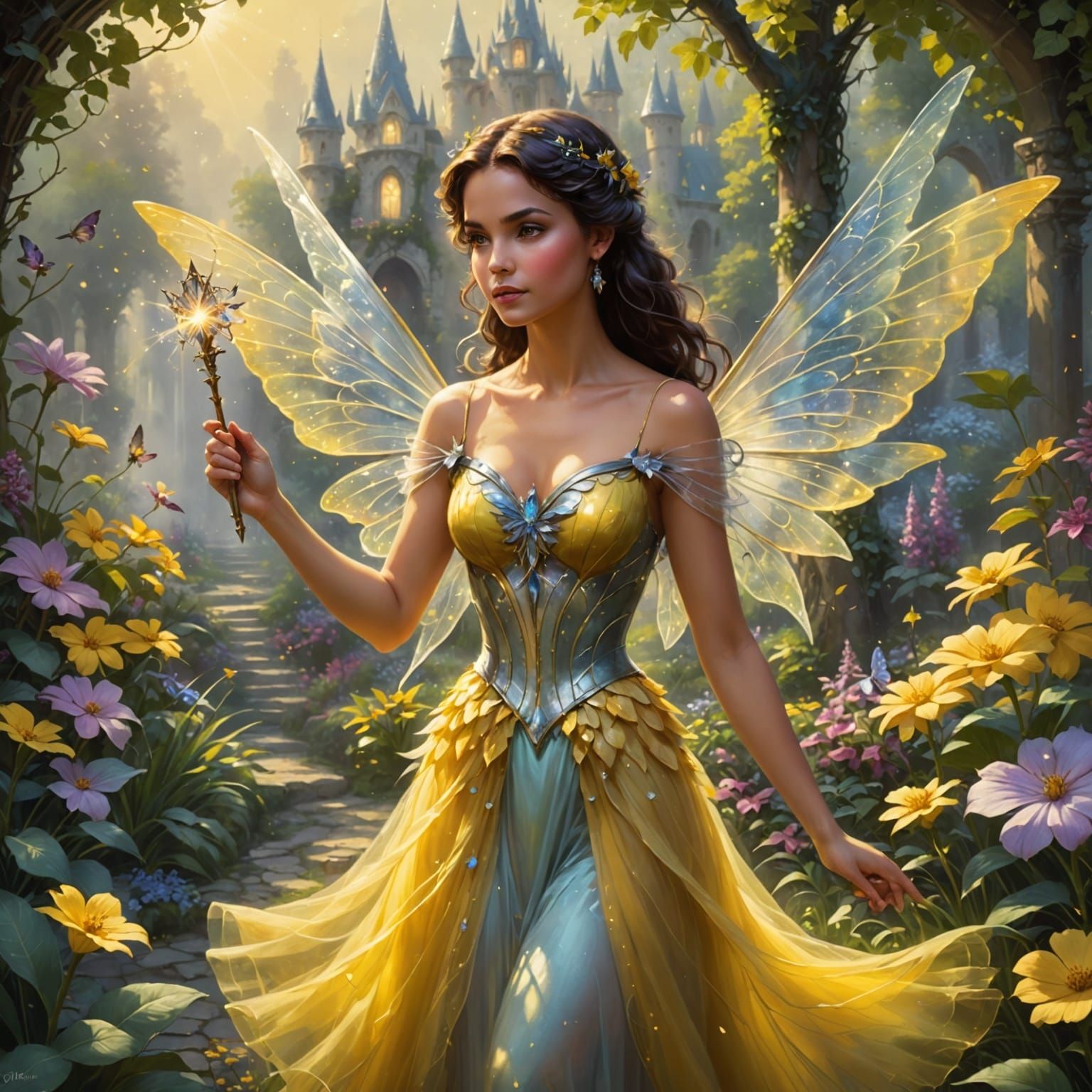 Hispanic Fairy in Enchanted Garden as Kinkade Painting