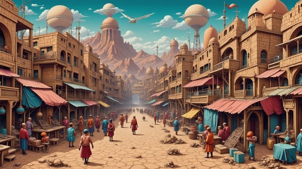 Mystical Desert Village in Surreal Style