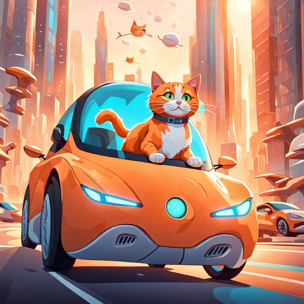 Orange Cat Driving in Futuristic City at Sunrise