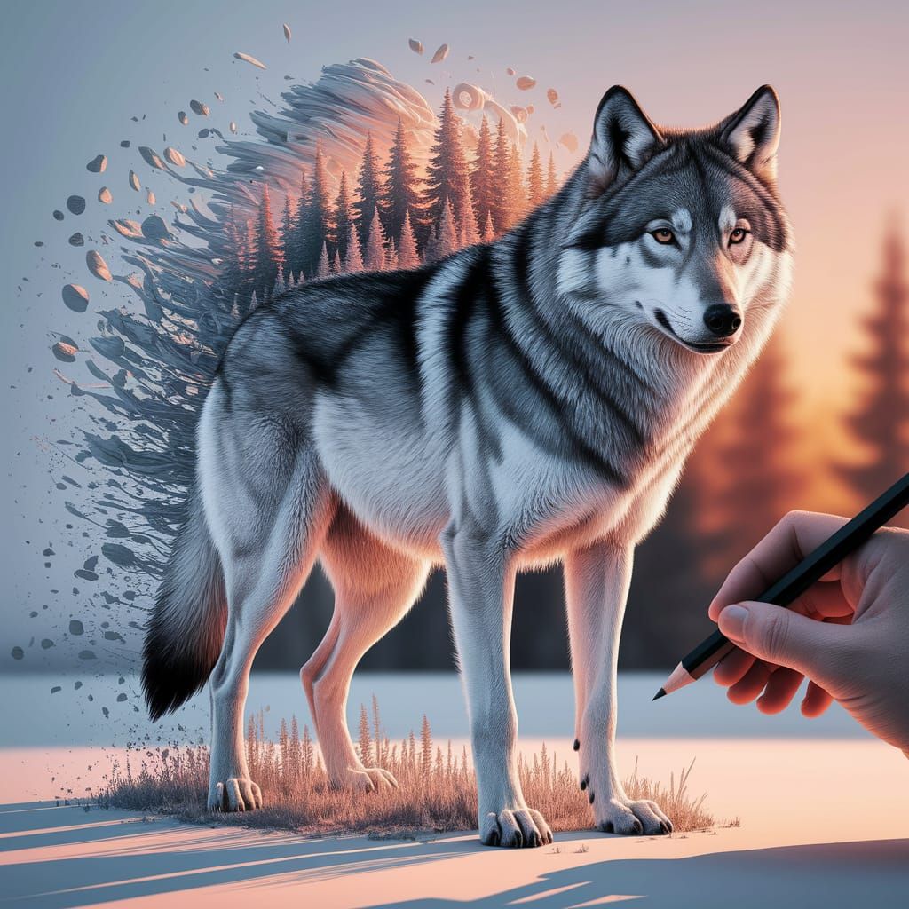 Wolf Drawing Transforms Into Fantastical Forest
