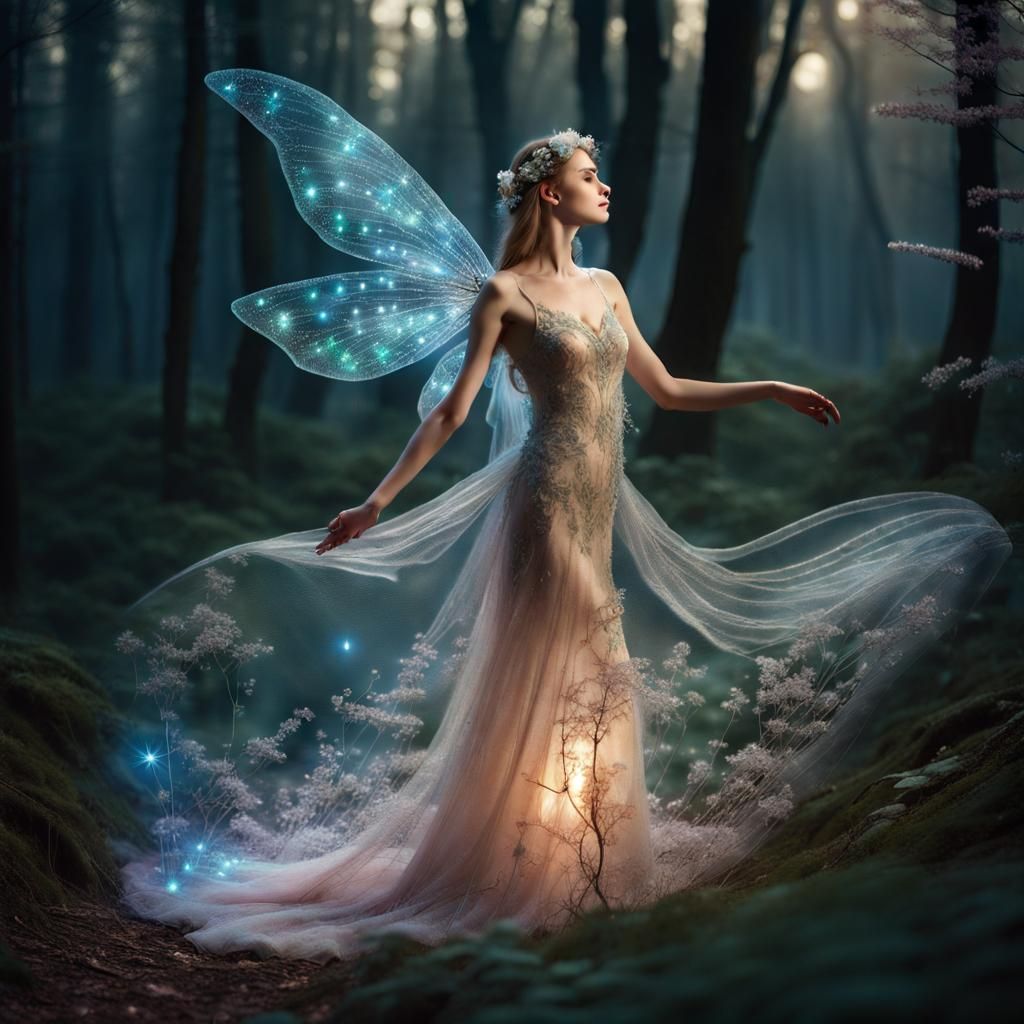 Dancing Fairy in Bioluminescent Spring Forest