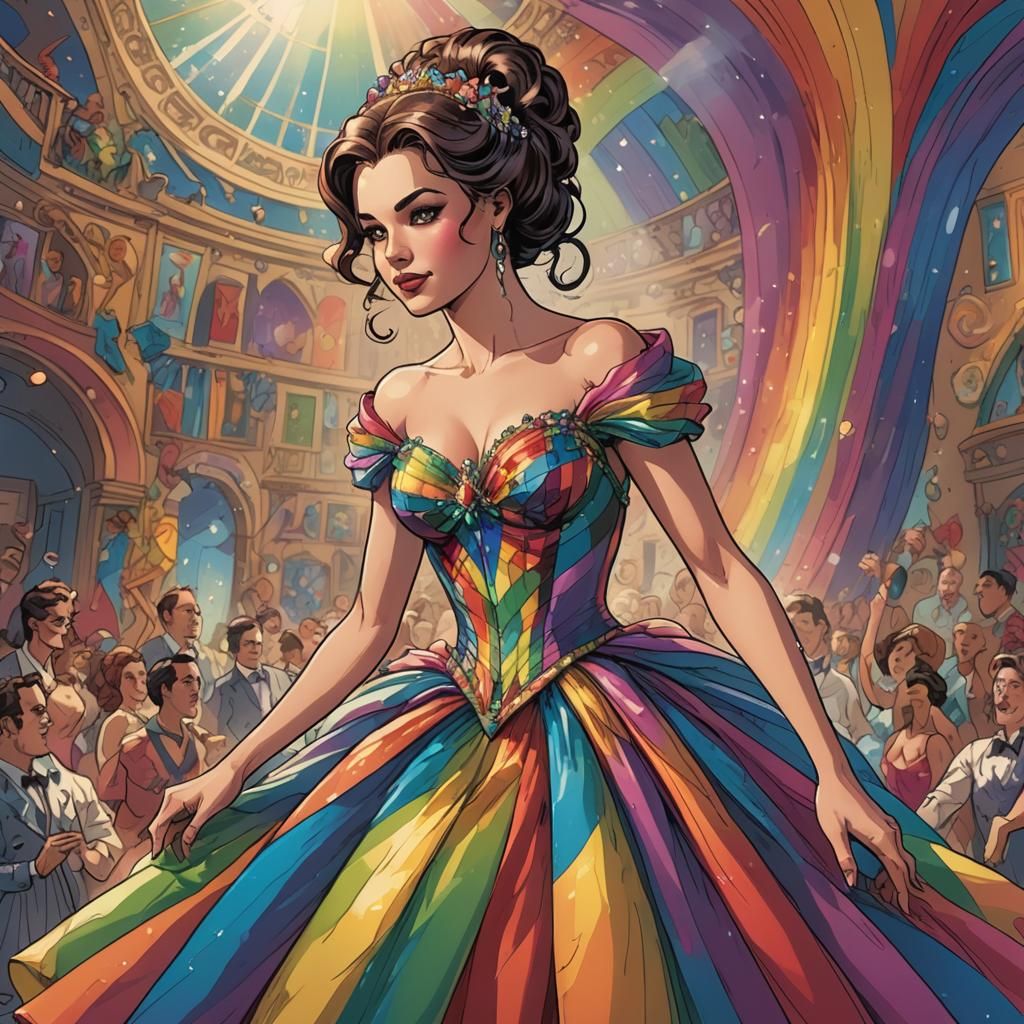 Lady in Rainbow Gown, Cel-Shaded Comic Art