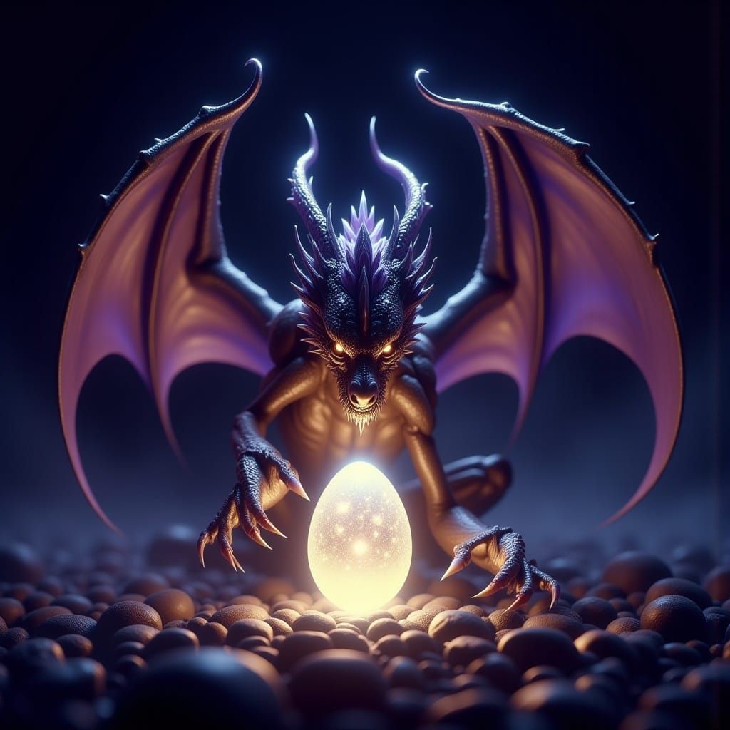 Bioluminescent Dragon Protecting its Egg in Dark Realm