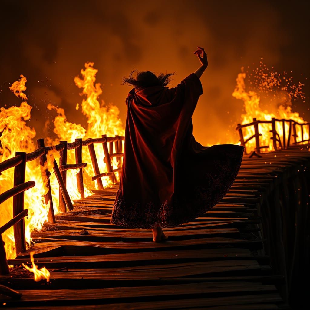 Figure Dances on Burning Bridge in Fiery, High-Contrast Scen...