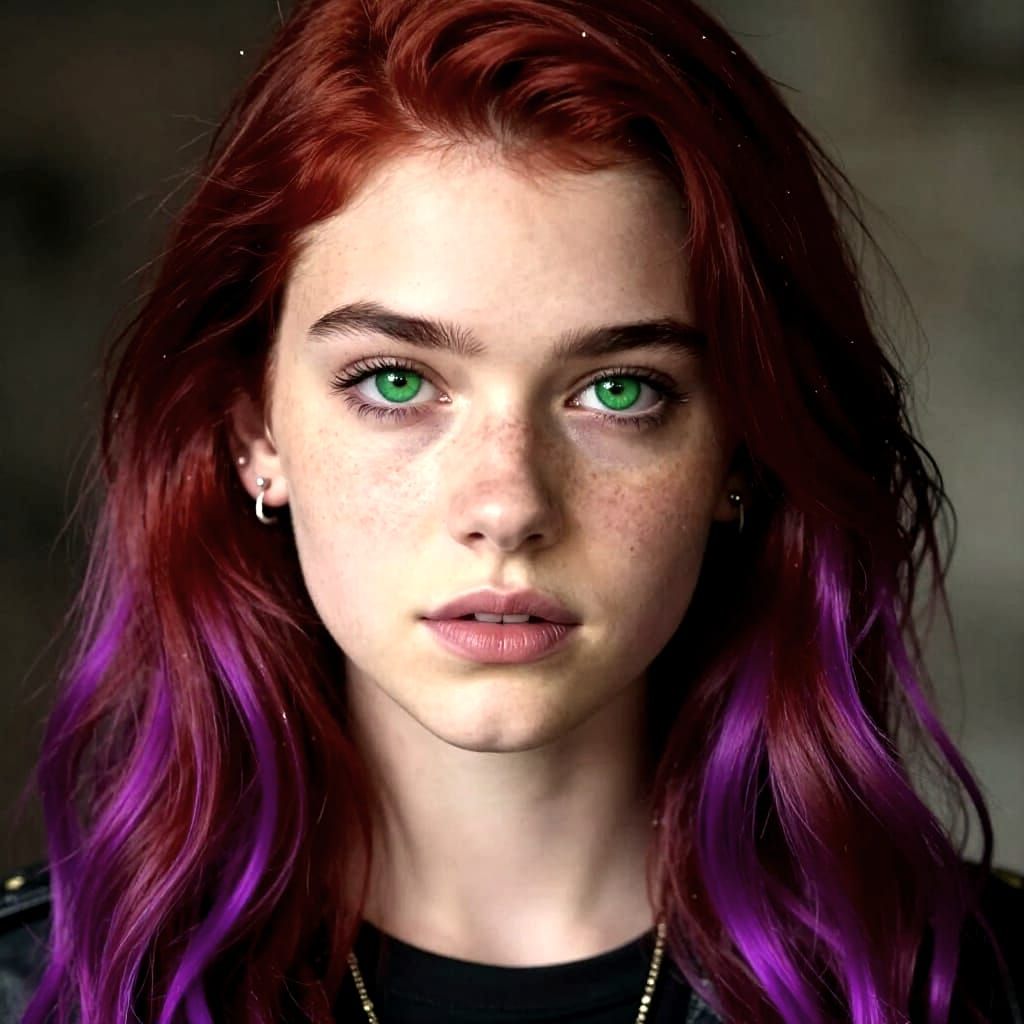 Teenage Spy with Dark Red Hair and Neon Purple Tips