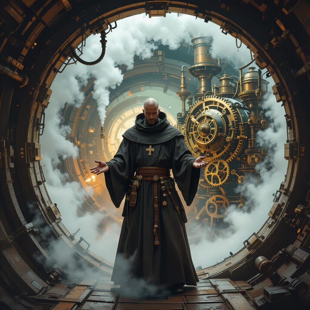 Steampunk Monk Navigates Time Tunnel