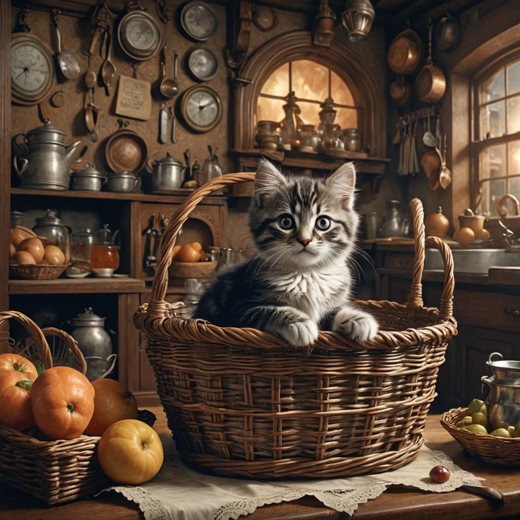 Victorian Kitchen Scene with Kitten in Basket