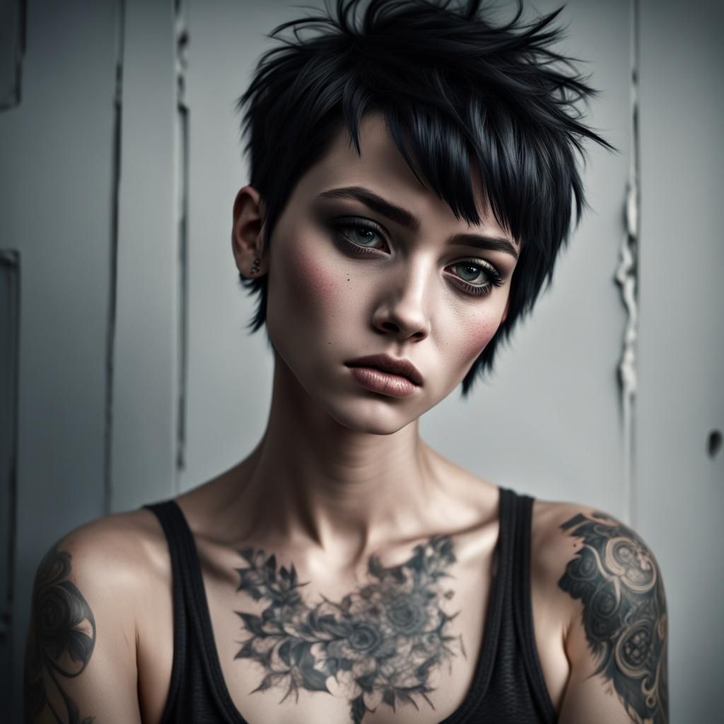 Upset Girl with Punk Hairstyle and Tattoos