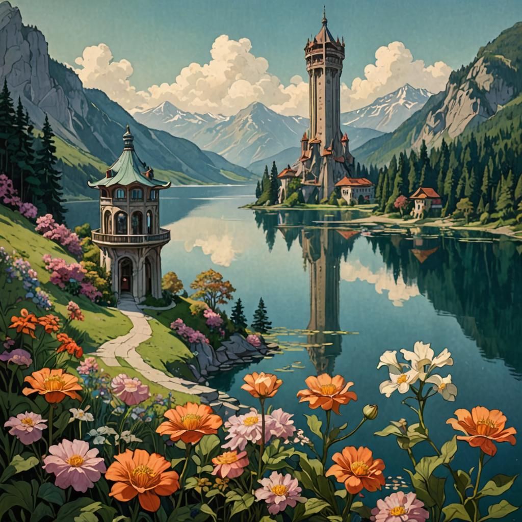 Air Tower by Lake in Art Nouveau Style