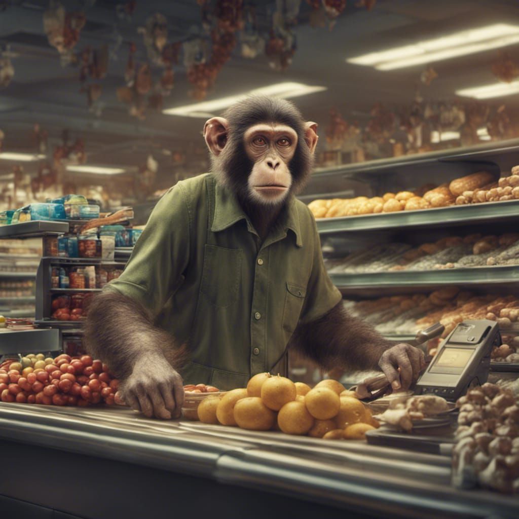 Monkey cashier working on the tills in a supermarket
