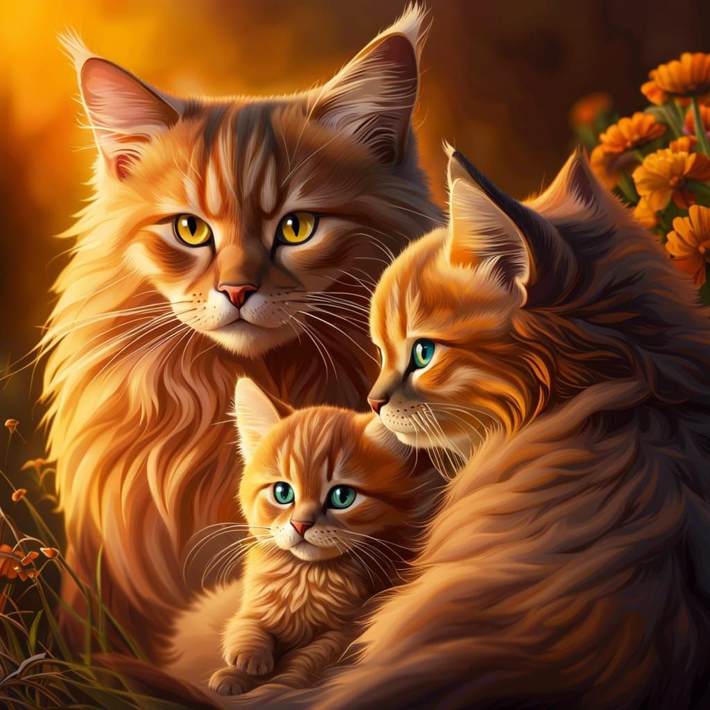 Cozy Cat Family Cuddle in Golden Hour