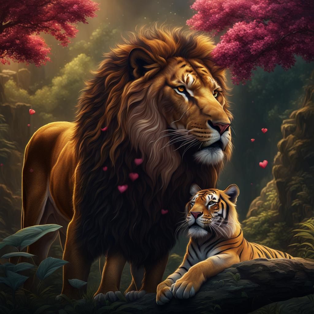 Lion and Tiger in Love: Detailed Matte Painting