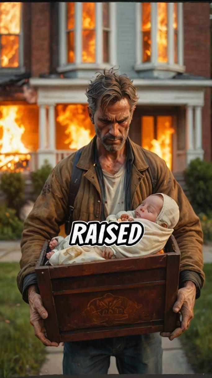 Man and Baby Before Burning House, Disney-Style 3D Portrait