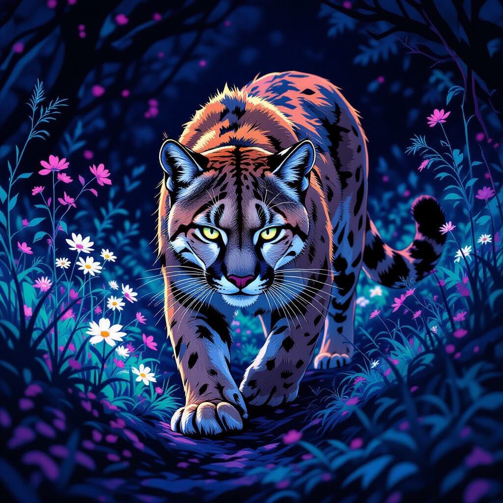 Puma Stalks Prey in Bioluminescent Dark Fantasy Forest