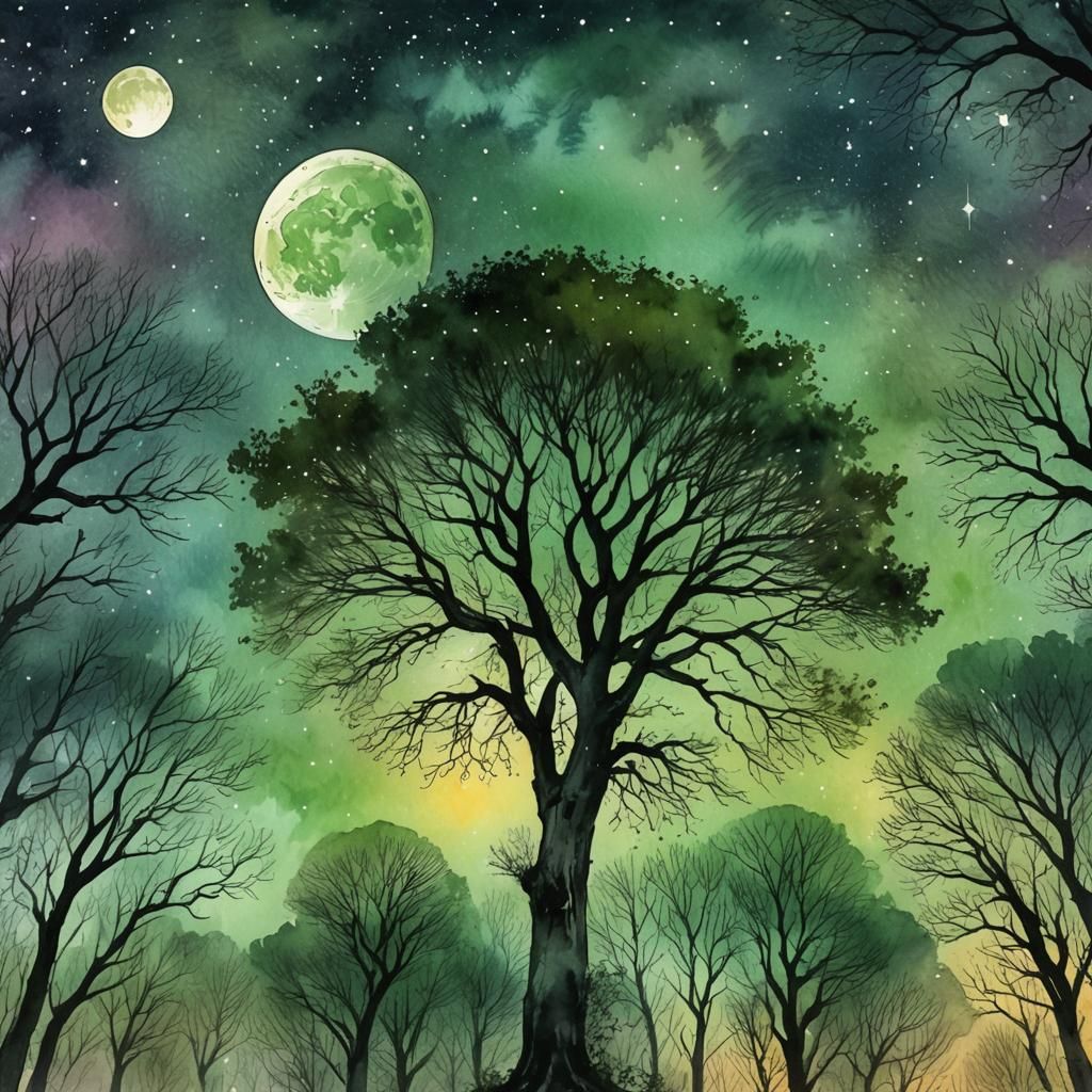Vibrant Forest Under Rainbow Moon, Ink Watercolor Style