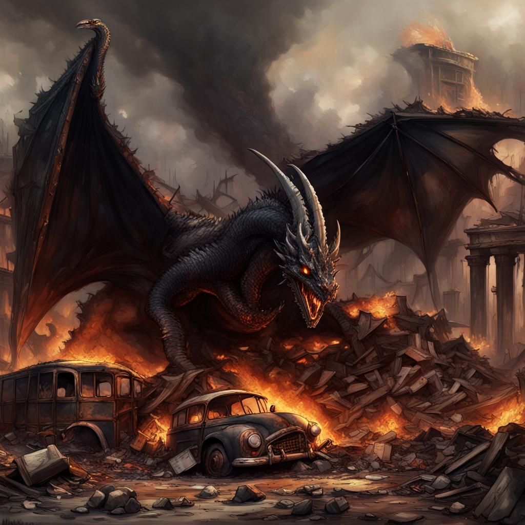 Wyvern Sleeps in Burning City Rubble