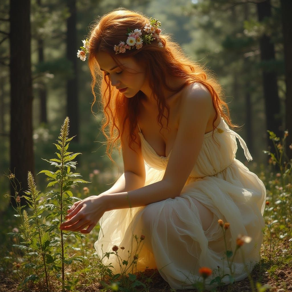 Mother Nature in Conifer Forest as Oil Painting