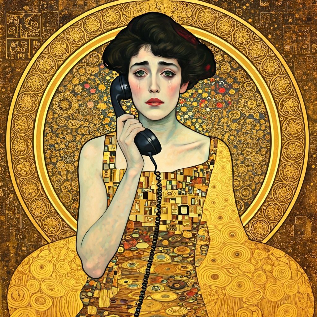 Sad Woman with Phone in Art Nouveau Style