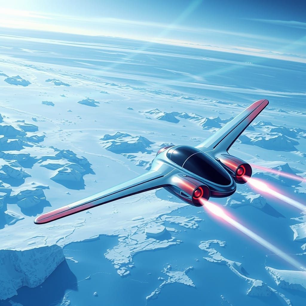 Surreal Futuristic Aircraft Soars Over Antarctica's Glaciers