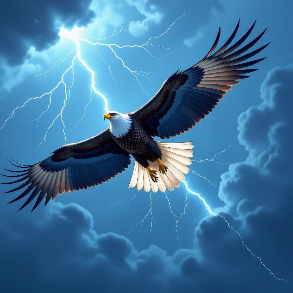 Cyberpunk Metal Eagle Soaring Through Stormy Sky