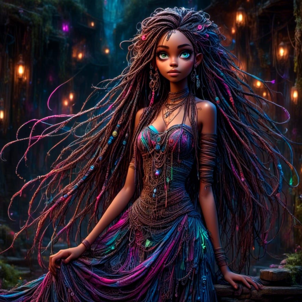 Neon Goddess on a Cliffside at Night