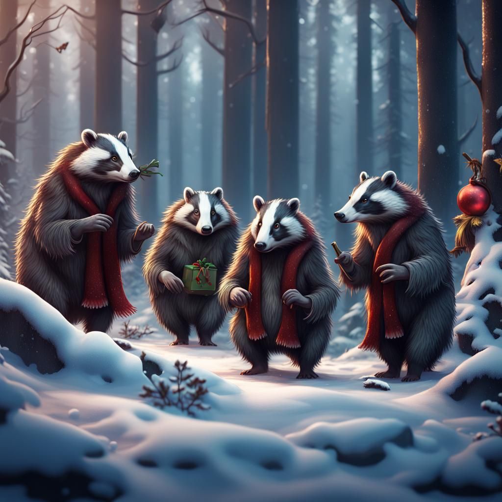 Christmas Badgers in Winter Forest, Illustration Art