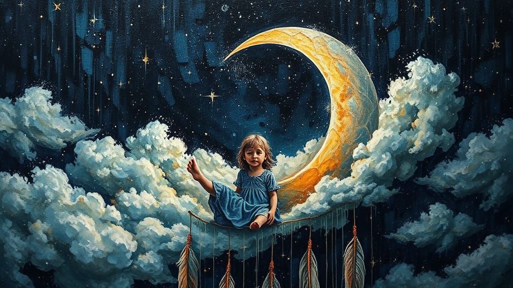 Crescent Moon Dreamcatcher with Girl in Cosmic Tapestry Styl...