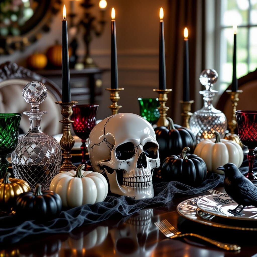Halloween Dining Table with Skull Centerpiece