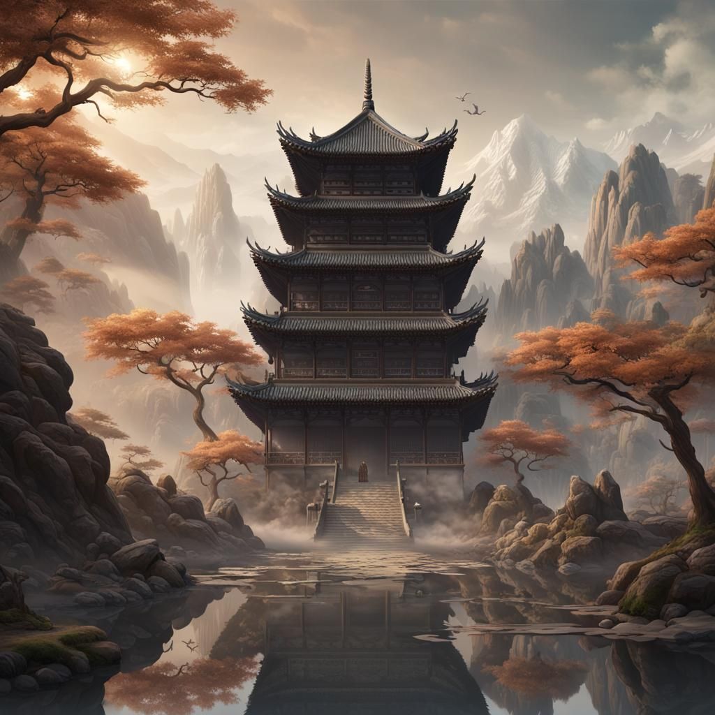 Oriental Kanji on Misty Landscape, Detailed Matte Painting